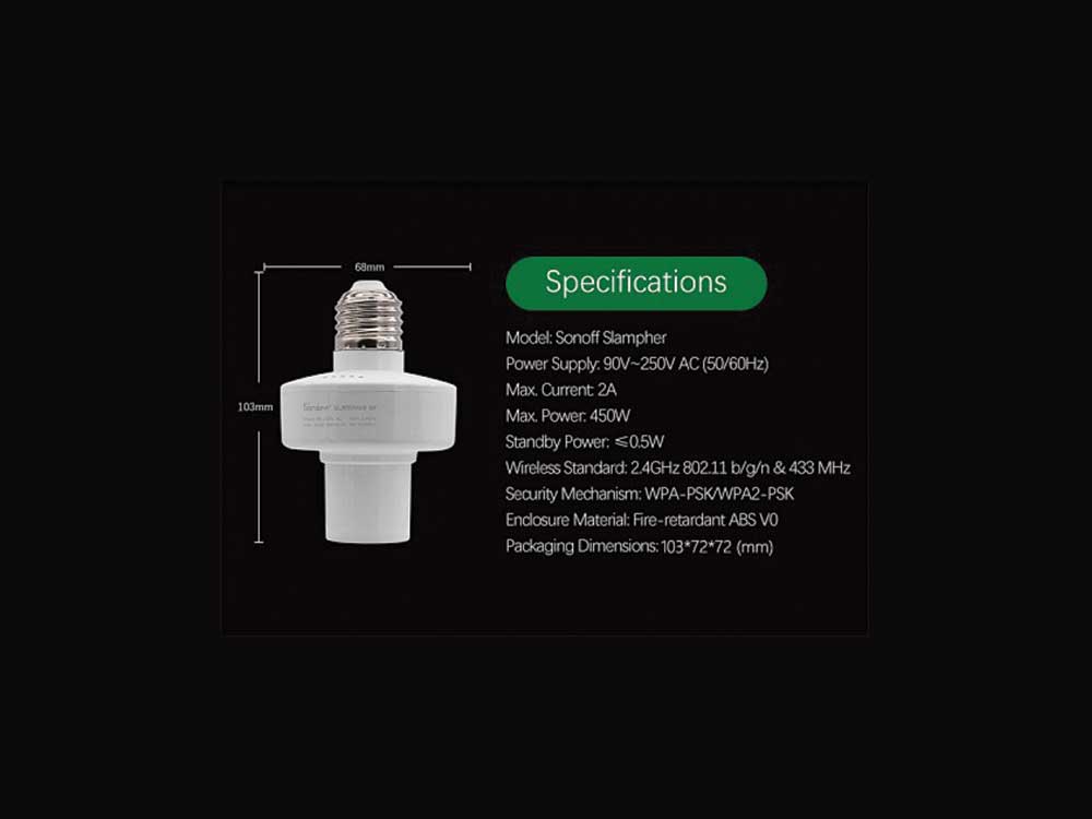 Sonoff Slampher RF & Wifi Smart Light Holder Robots Cyprus Nicosia Limassol Famagusta Paphos Larnaca specs