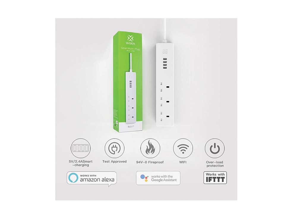 WOOX R4517 Wi-Fi Smart Powerstrip 3xUK Outlet & 4xUSB 5V 4A Robots Cyprus Nicosia Limassol Famagusta Paphos Larnaca box